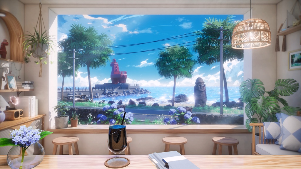 【Vtuber - 動く配信背景】海が見える夏のカフェ