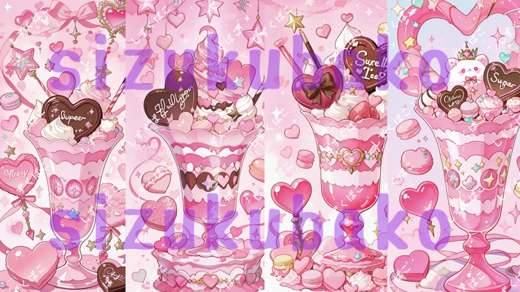 推しピンクパフェ壁紙セット♡ ゆめかわスイーツ4種(9:16.5 / iPhone壁紙)