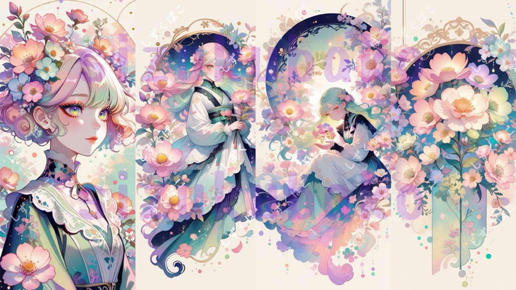 花園の大正ロマン少女｜エメラルド幻想（壁紙4枚セット）