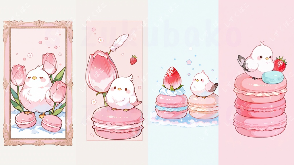 小鳥とマカロン｜Spring Strawberry スマホ壁紙4枚セット