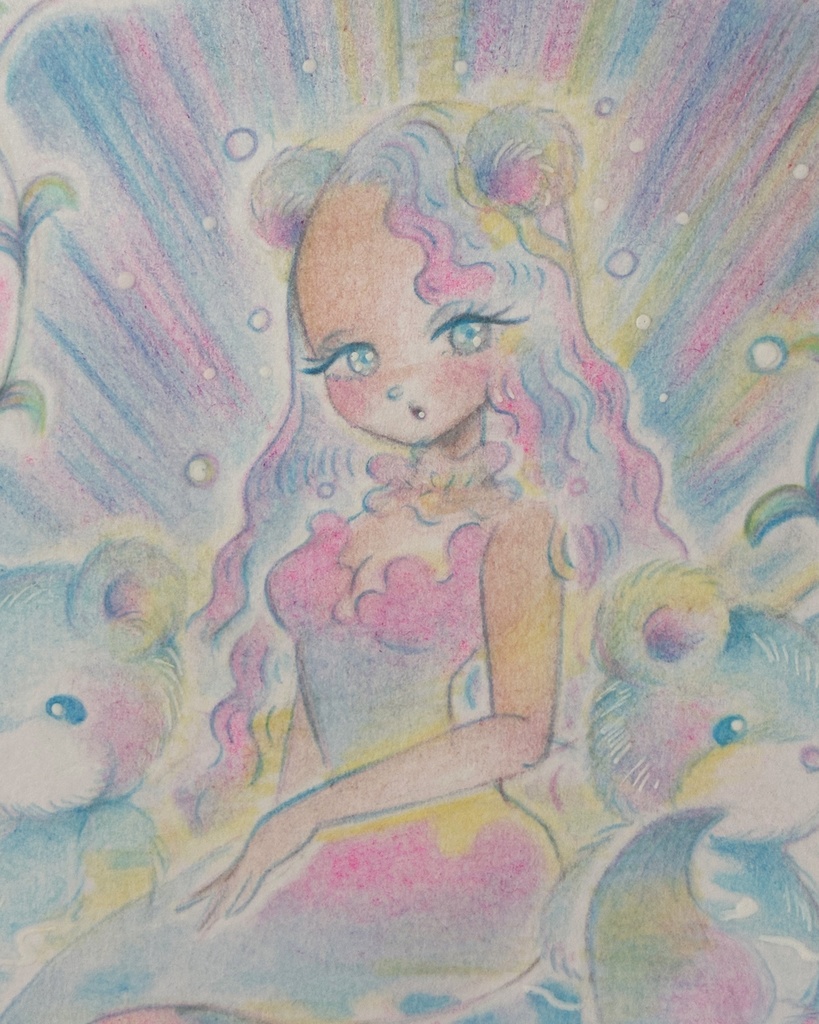 「A Little Bear Mermaid Princess」額付き原画 Original Artwork with Frame