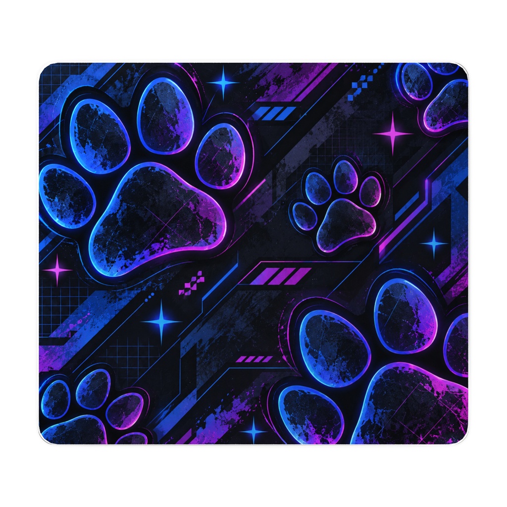ネオン猫の足跡 ガラスマウスパッド|サイバーパンク ブルー&パープル|YamiPixel