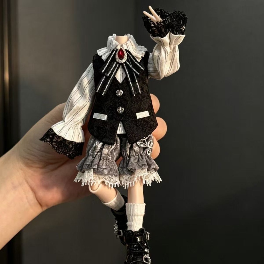 【即納】1/8 BJD ドール服 王子風衣装セット|ストライプブラウス・黒ベスト・かぼちゃパンツ
