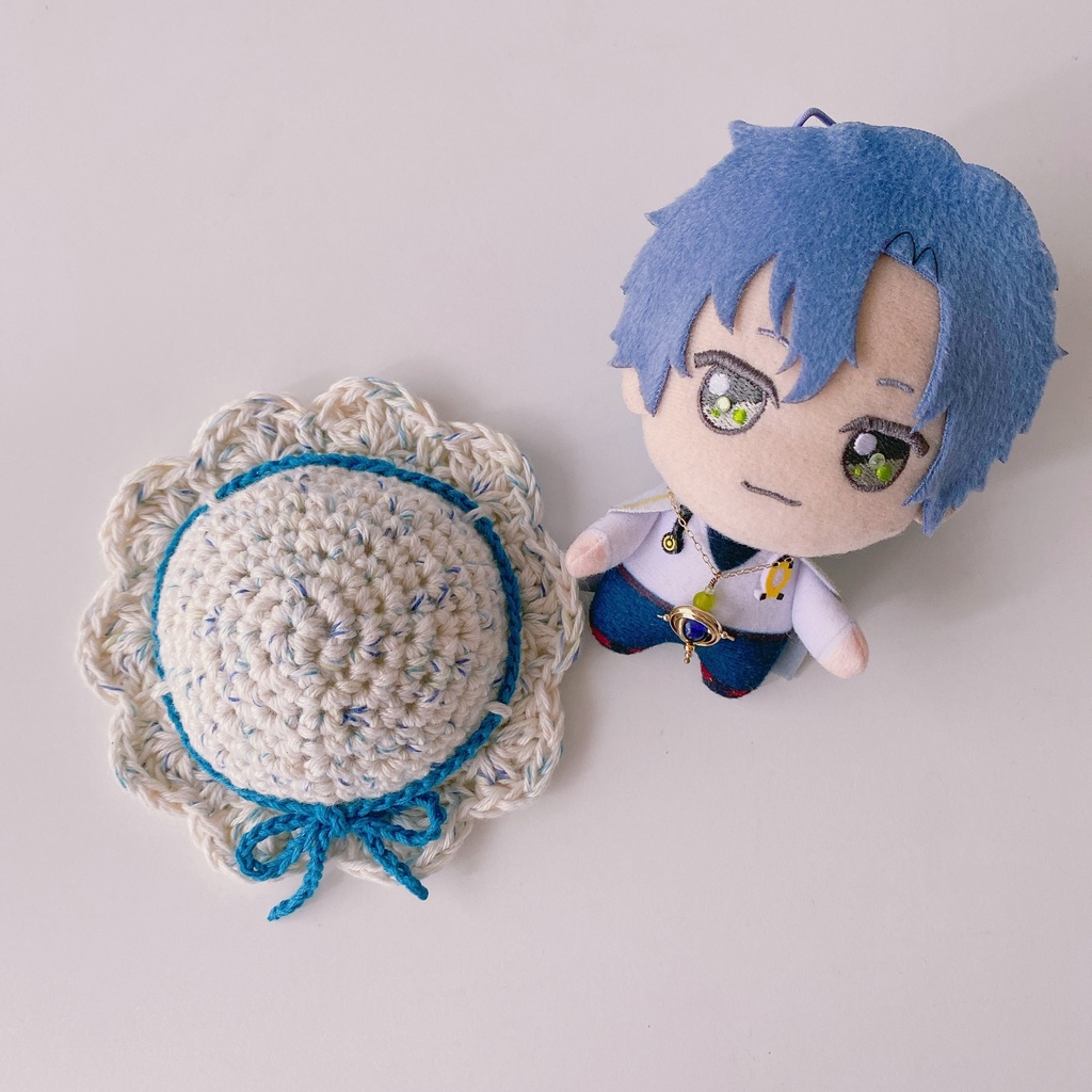 12cmぬい用 手編みフラワーコットン帽子 青 2025