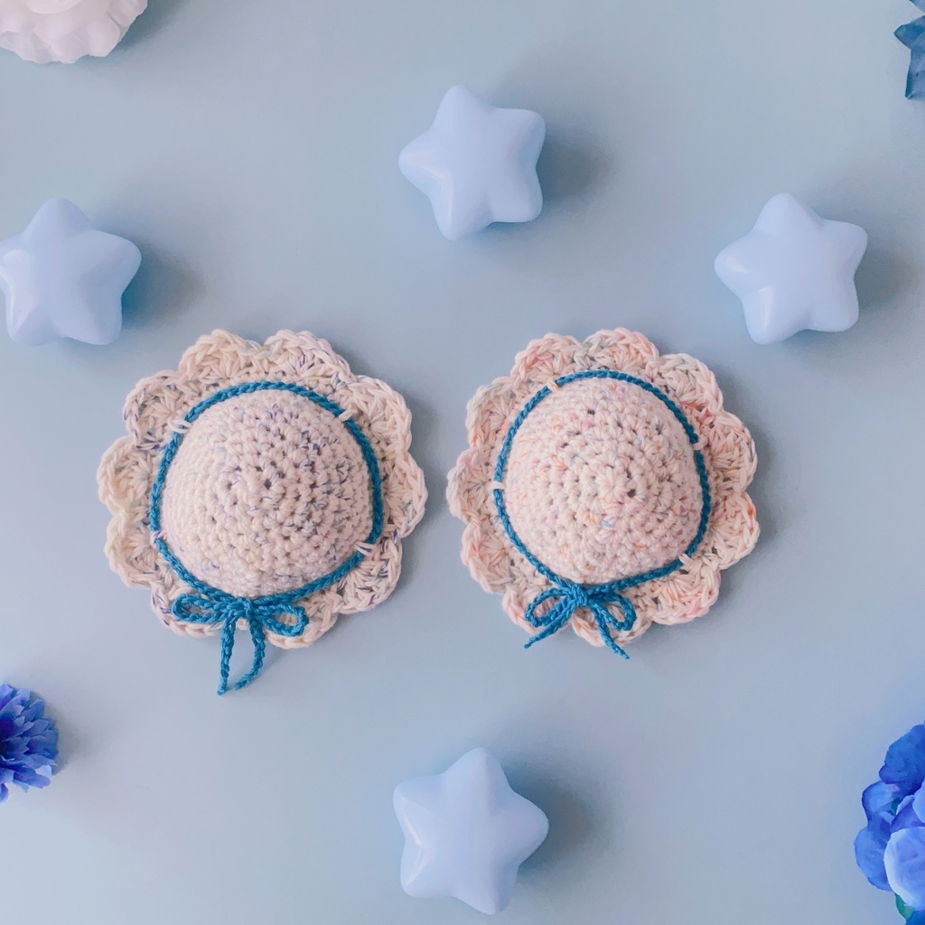 12cmぬい用 手編みフラワーコットン帽子 青 2025