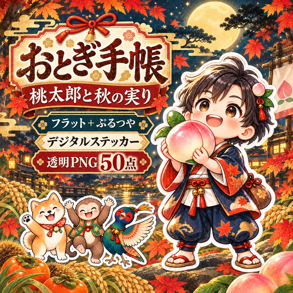 桃太郎と秋の実り｜フラット＋ぷるつや デジタルステッカー