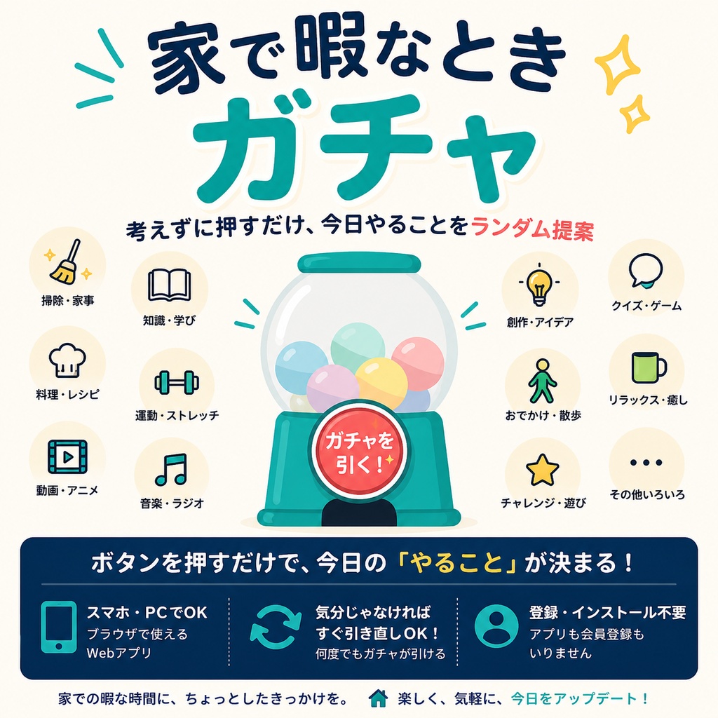 家で暇なときガチャ｜考えずに押すだけ、今日やることをランダム提案