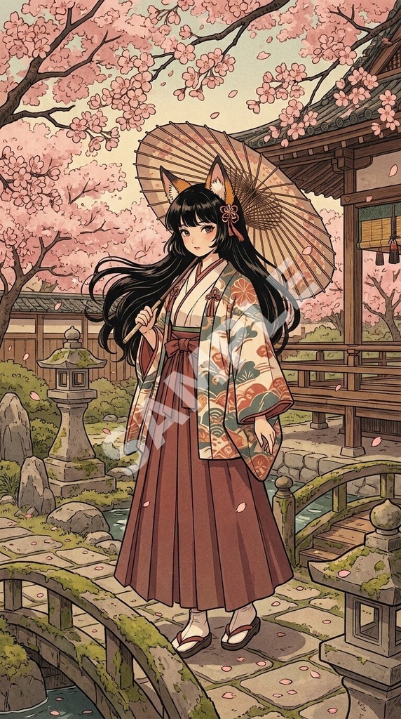【スマホ壁紙】和風レトロ巫女狐「コハク」高画質壁紙素材