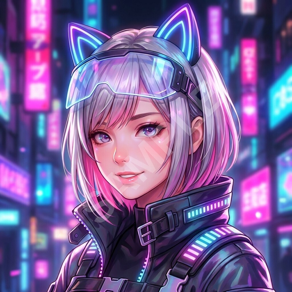 【SNSアイコン】サイバーパンク猫耳少女「ルナ」高画質アイコン素材