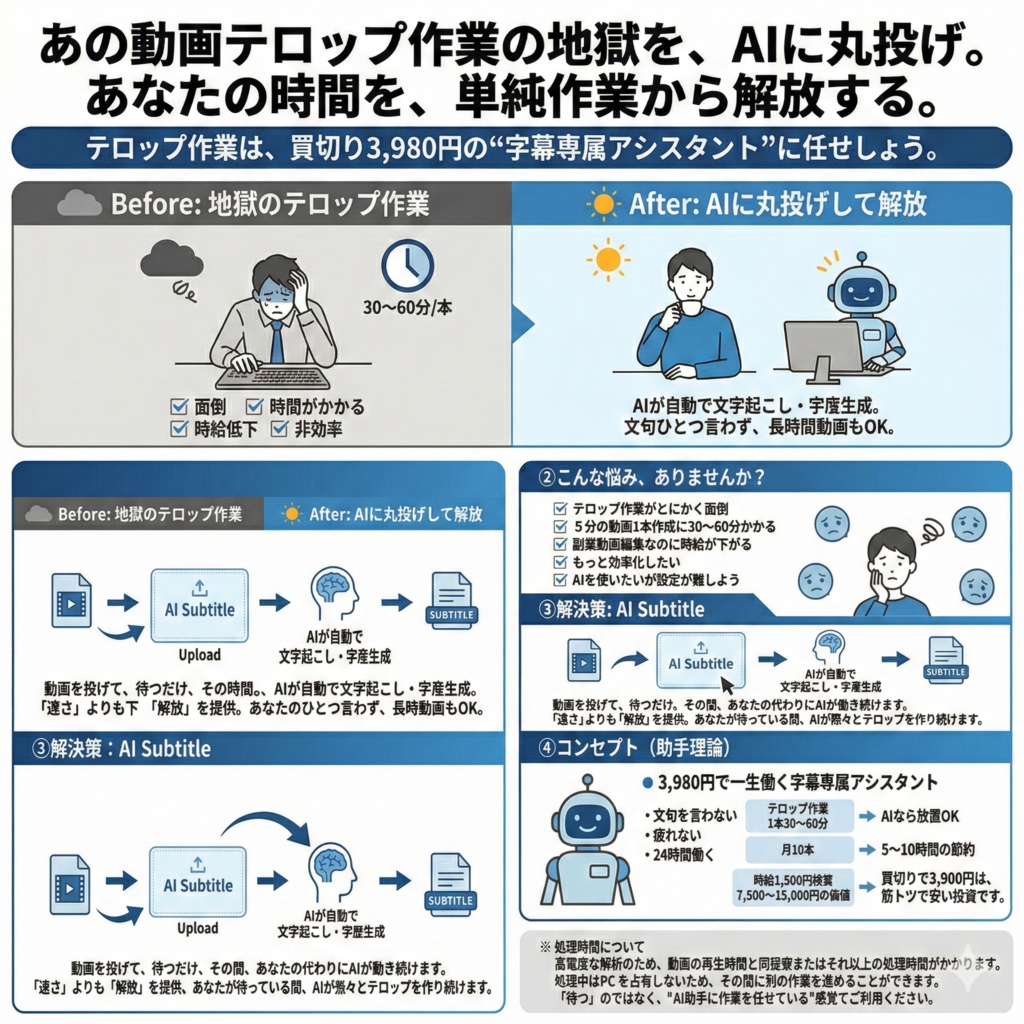 AI Subtitle Pro｜動画字幕を自動生成する「AI字幕アシスタント」【永久ライセンス】
