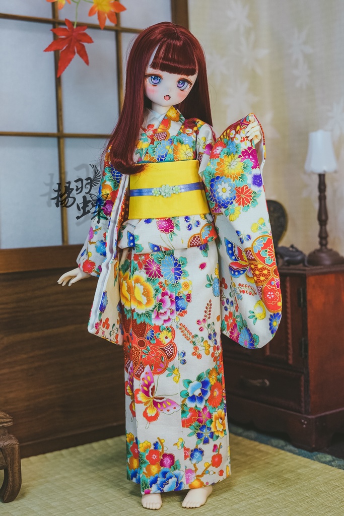 【完売・展示】1/4ドール用着物+袴セット 菊に蝶