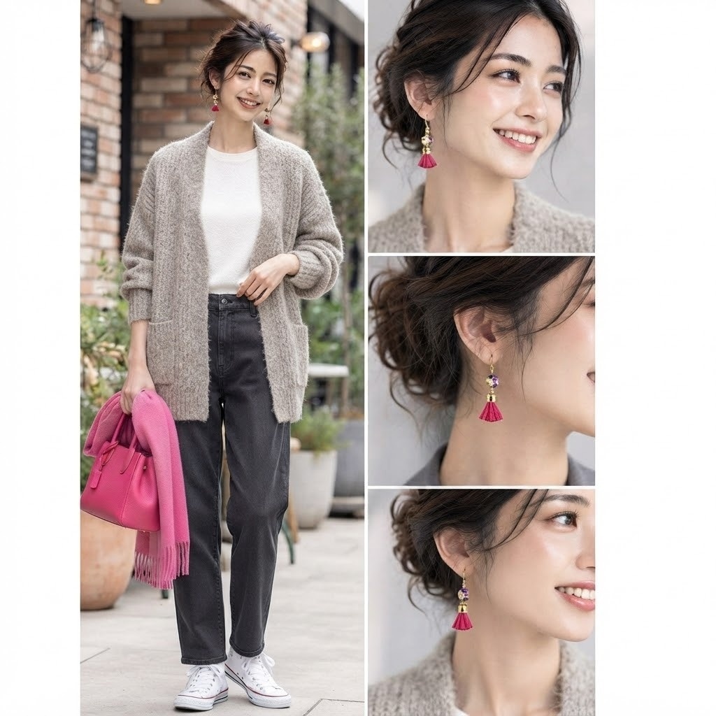 カラフルビーズ×ピンクタッセルピアス・イヤリング
