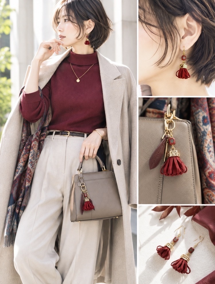 レッド×ターコイズのタッセルピアス・イヤリング
