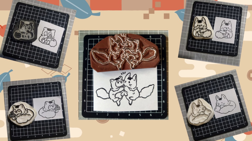 消しゴムはんこ　おにぎりな　たぬきときつね