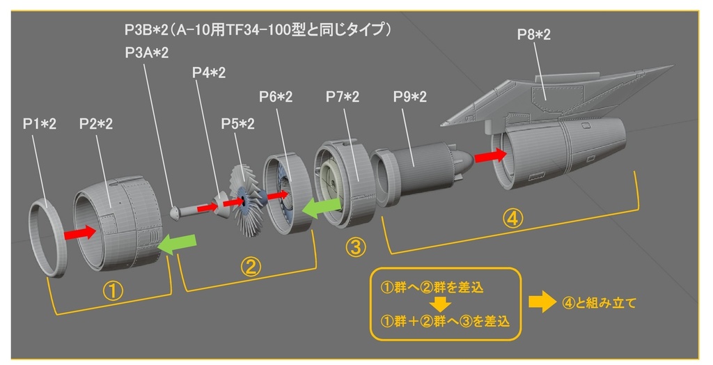 1/72 ハセガワ S-3・ES-3用 GE TF34-400エンジンセット Ver.2