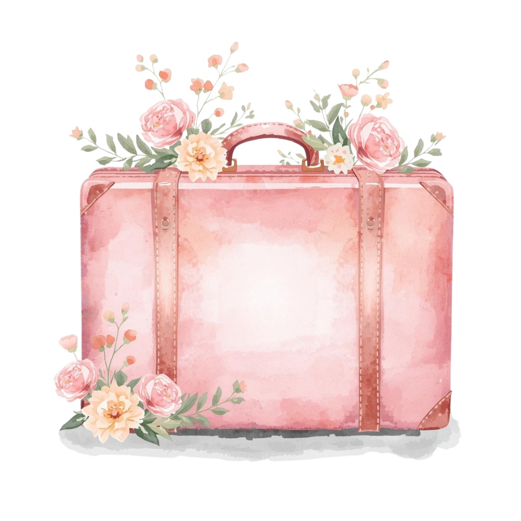 旅の水彩クリップアート ピンク×アンティーク風 15デザイン PNG素材