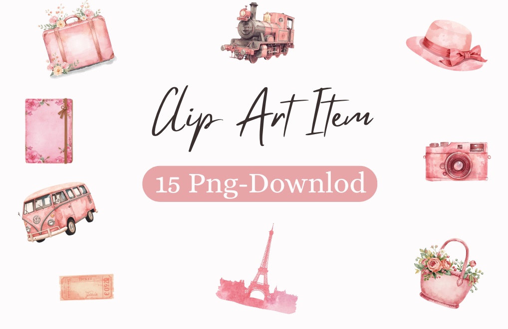 旅の水彩クリップアート ピンク×アンティーク風 15デザイン PNG素材
