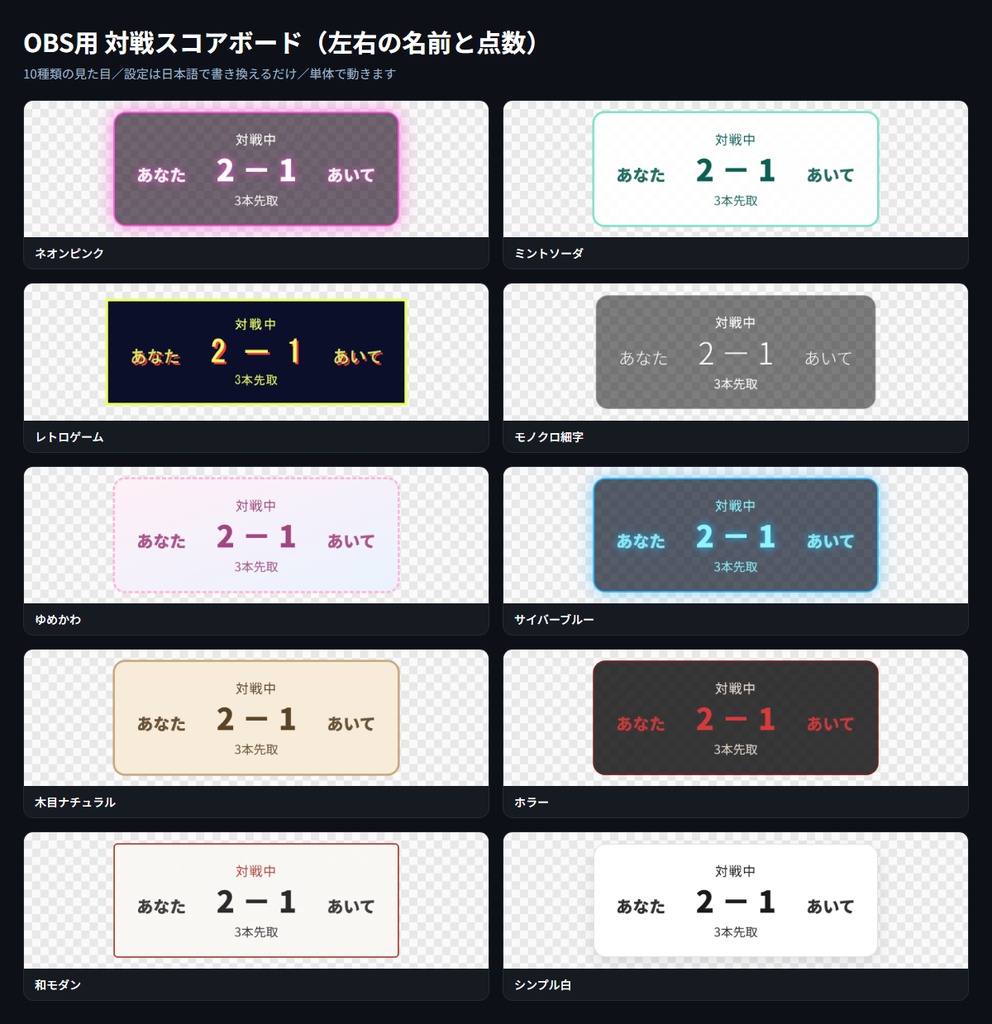 【OBS用】対戦スコアボード（左右の名前と点数）｜10デザイン・設定は日本語で書き換えるだけ