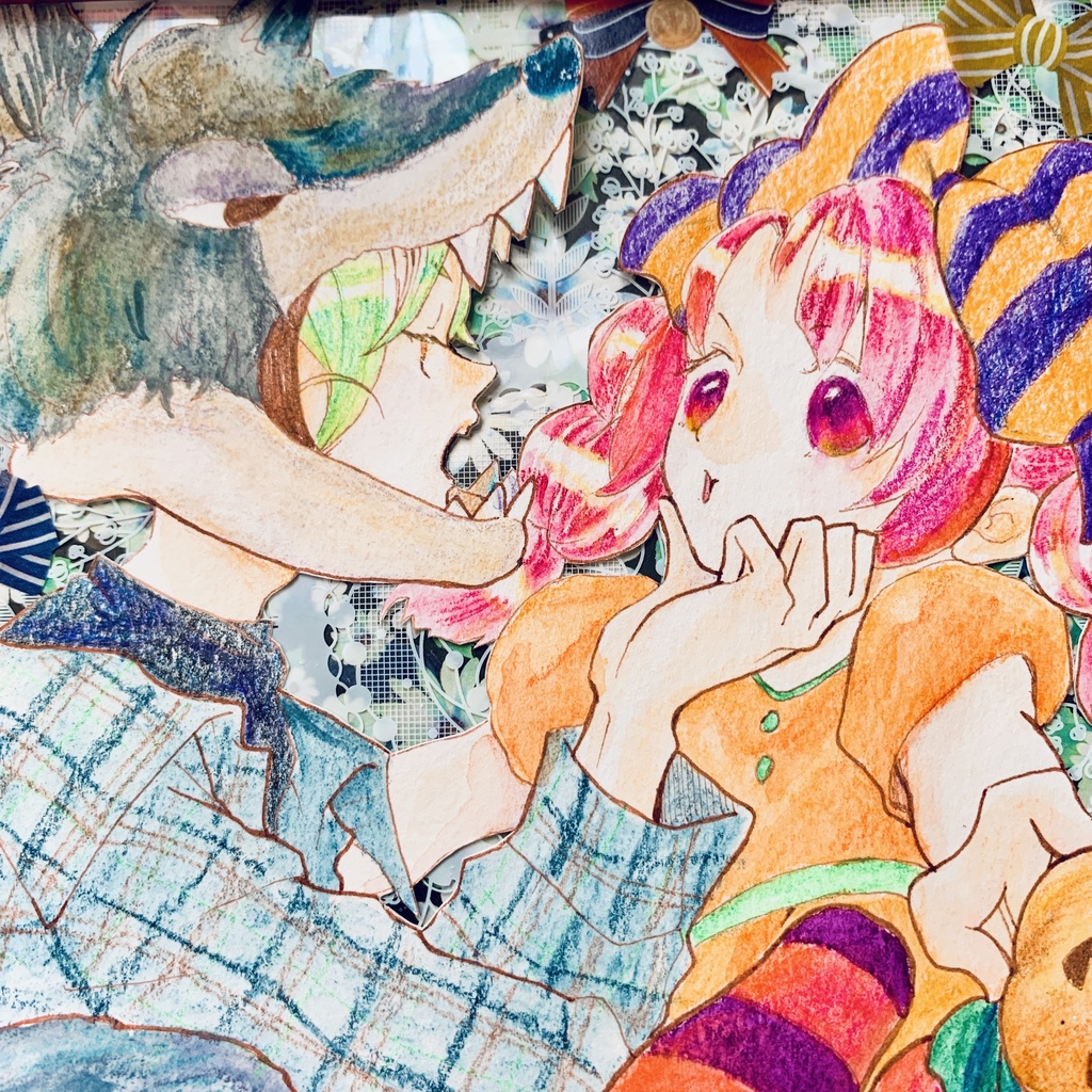 HalloweenⅡ手描きイラスト：額付　原画　オリジナル　創作　コラージュ