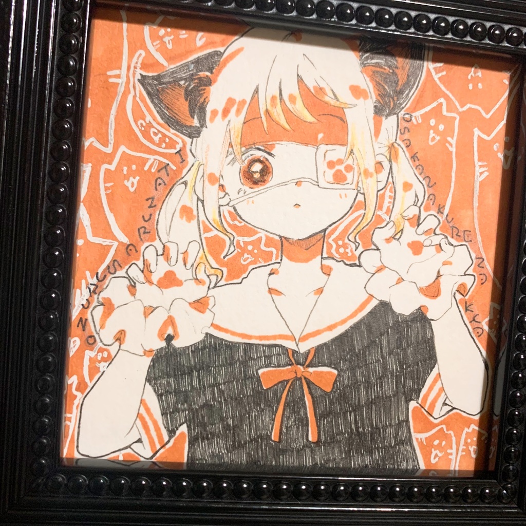 手描きイラスト『はっぴーはろうぃーん！黒猫』：額付　原画　オリジナル　創作女子