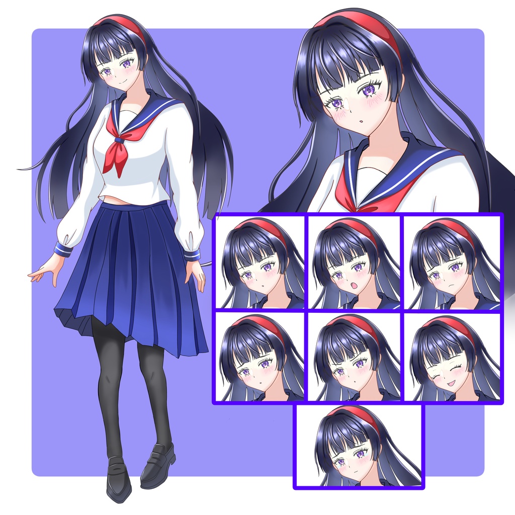 【立ち絵素材】表情8種!セーラー服の黒髪女の子の立ち絵セット
