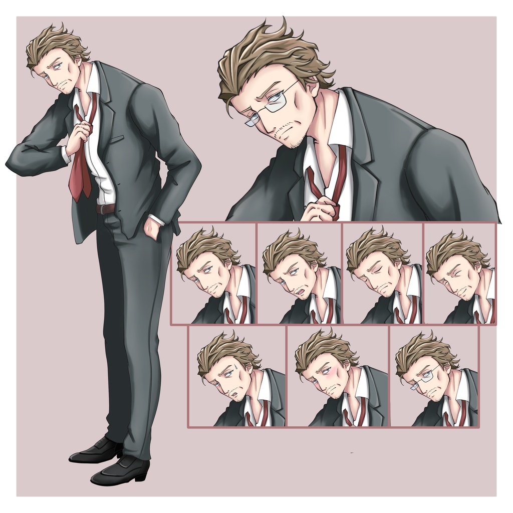 【表情差分8種】だるいイケオジスーツ立ち絵（中年男性）