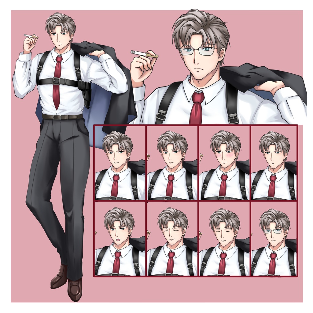 【表情差分9種】タバコを持つスーツ男性（ホルスターと拳銃）の立ち絵（イケメン男性）