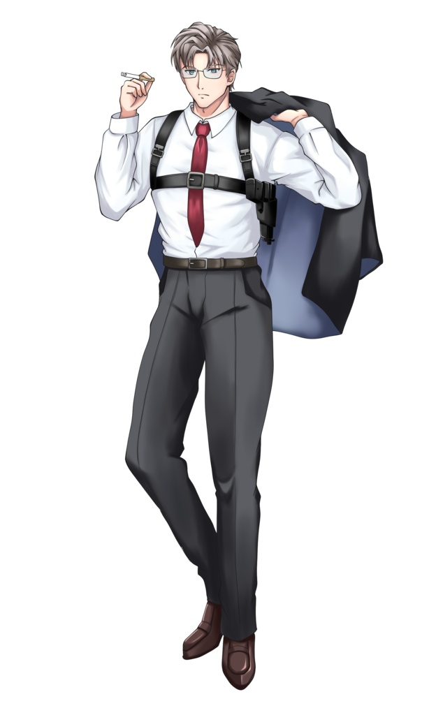 【表情差分9種】タバコを持つスーツ男性(ホルスターと拳銃)の立ち絵(イケメン男性)