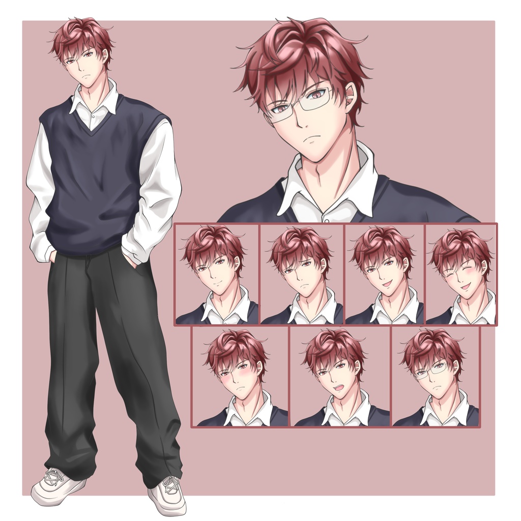 【表情差分8種】赤髪の男子高校生の立ち絵（イケメン男性）