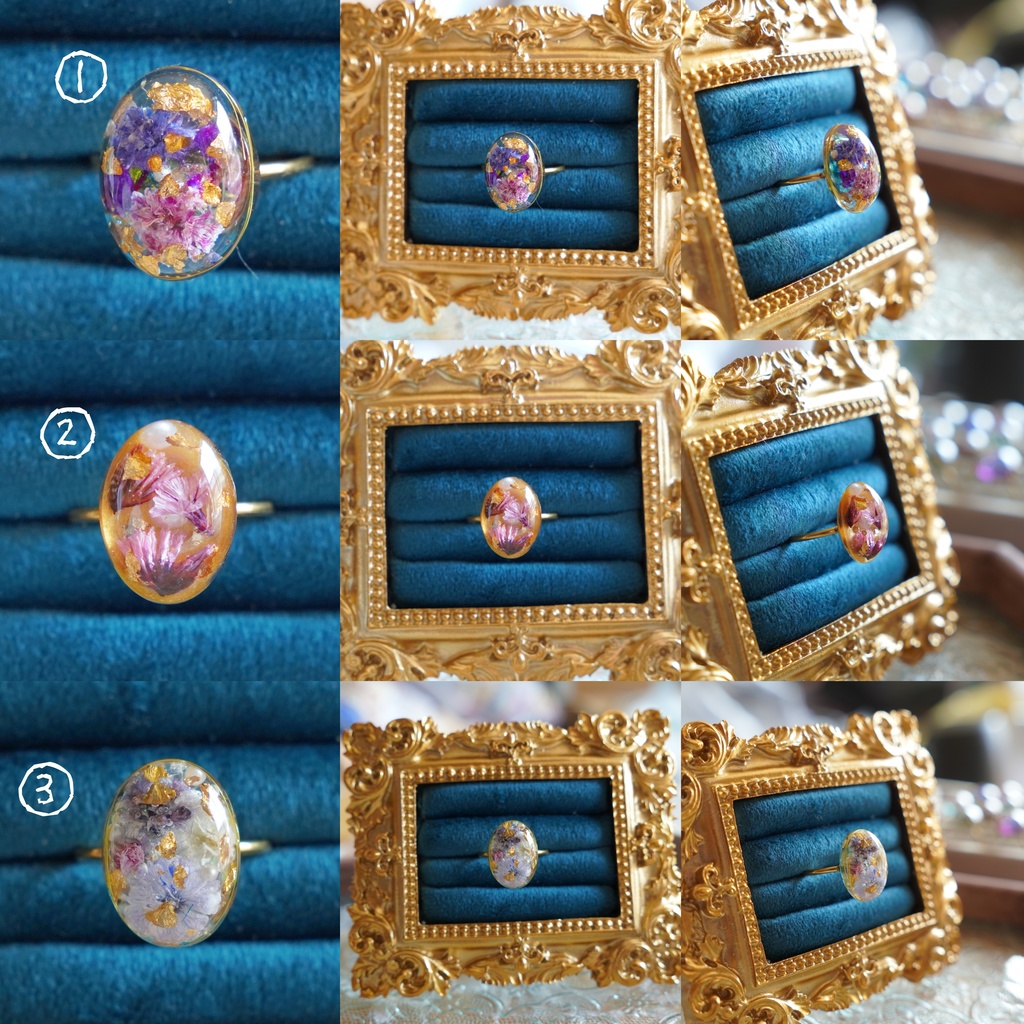 【一点物】お花のレジンリング ドライフラワーのアンティーク風アクセサリー