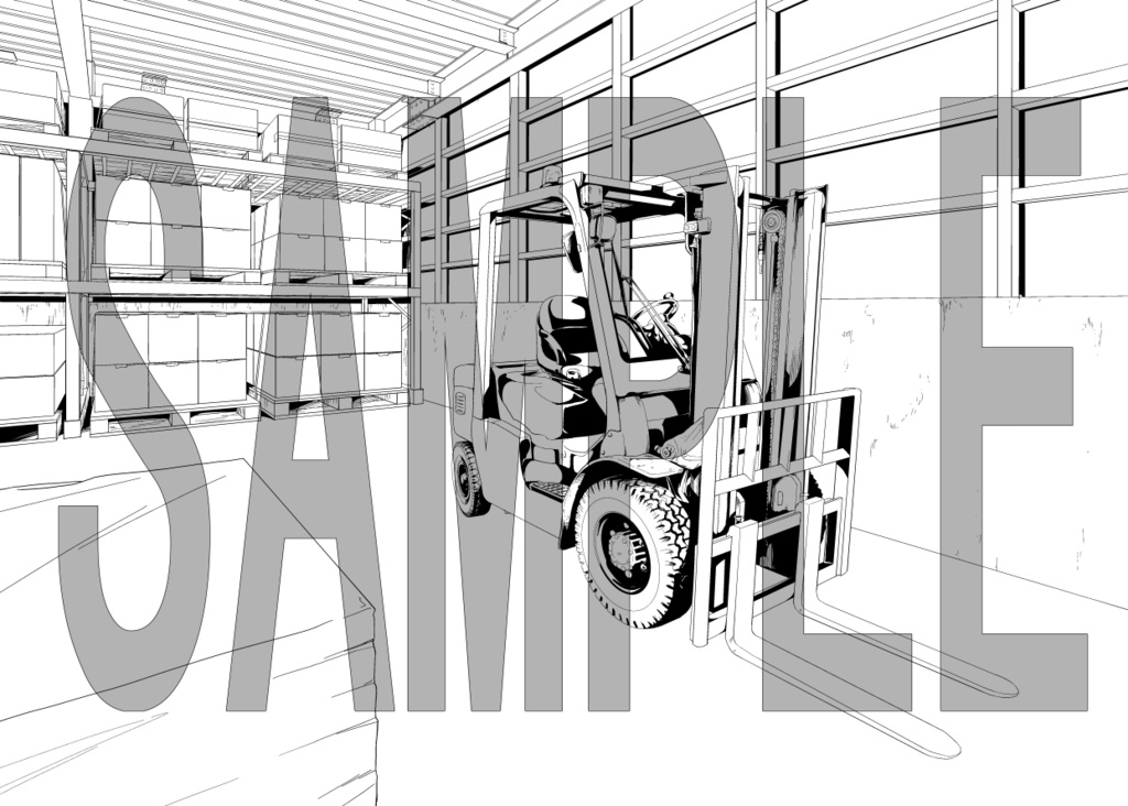 【マンガ背景素材】倉庫+フォークリフト