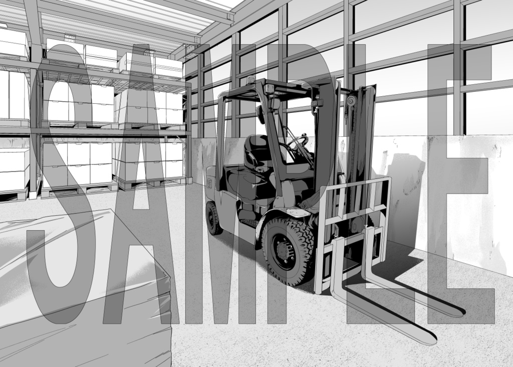 【マンガ背景素材】倉庫+フォークリフト