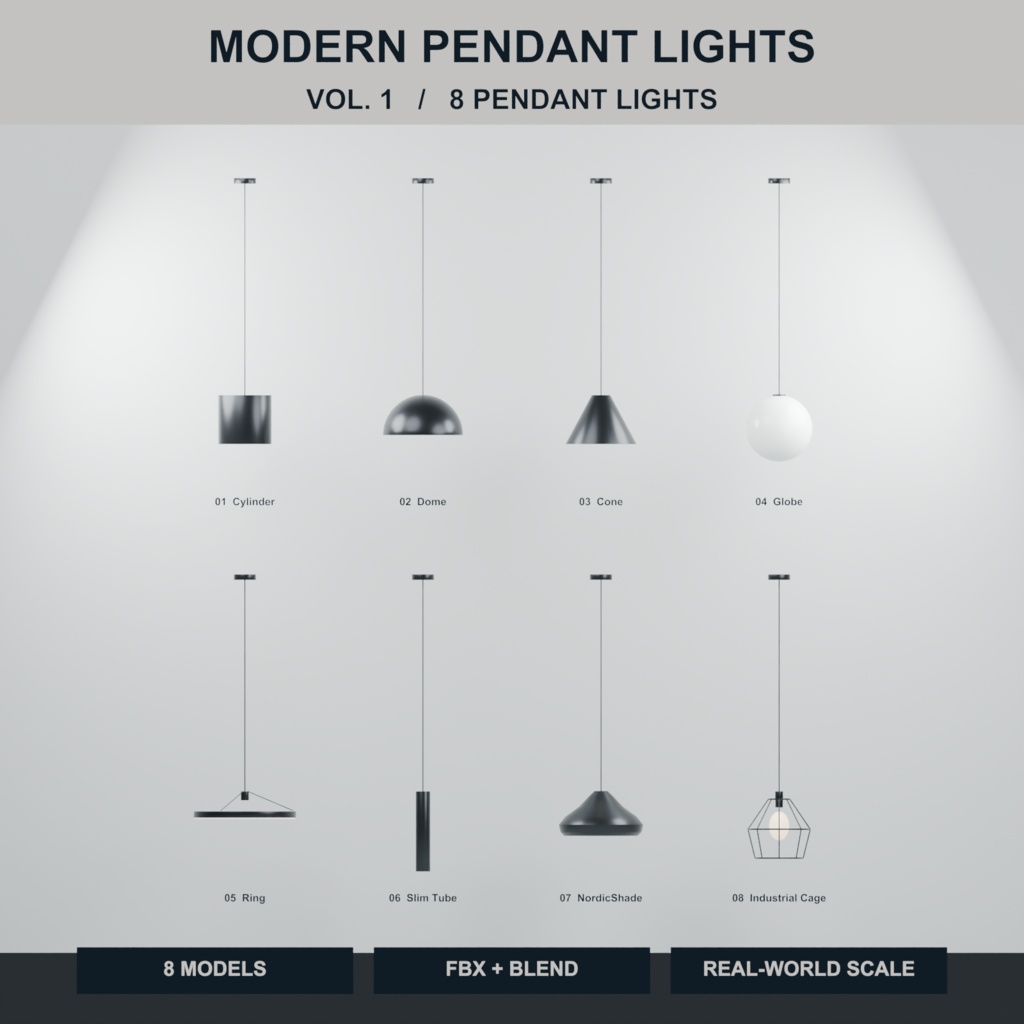 Modern Pendant Lights Vol.1|ペンダントライト8種(FBX+Blend)