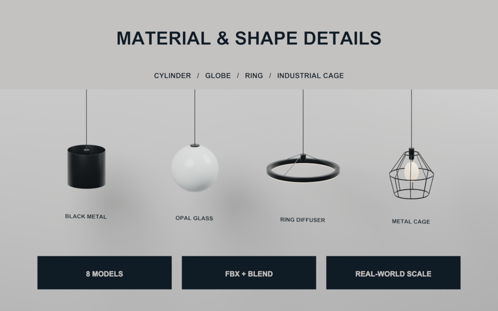 Modern Pendant Lights Vol.1|ペンダントライト8種(FBX+Blend)