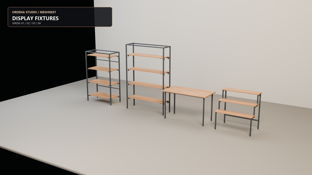 【3Dモデル】MN-014 Modern Retail Display Kit|店舗什器8タイプ(Blender / FBX / GLB / Unity)