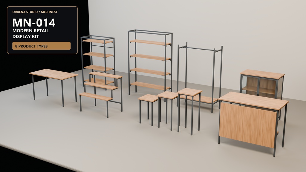 【3Dモデル】MN-014 Modern Retail Display Kit｜店舗什器8タイプ（Blender / FBX / GLB / Unity）