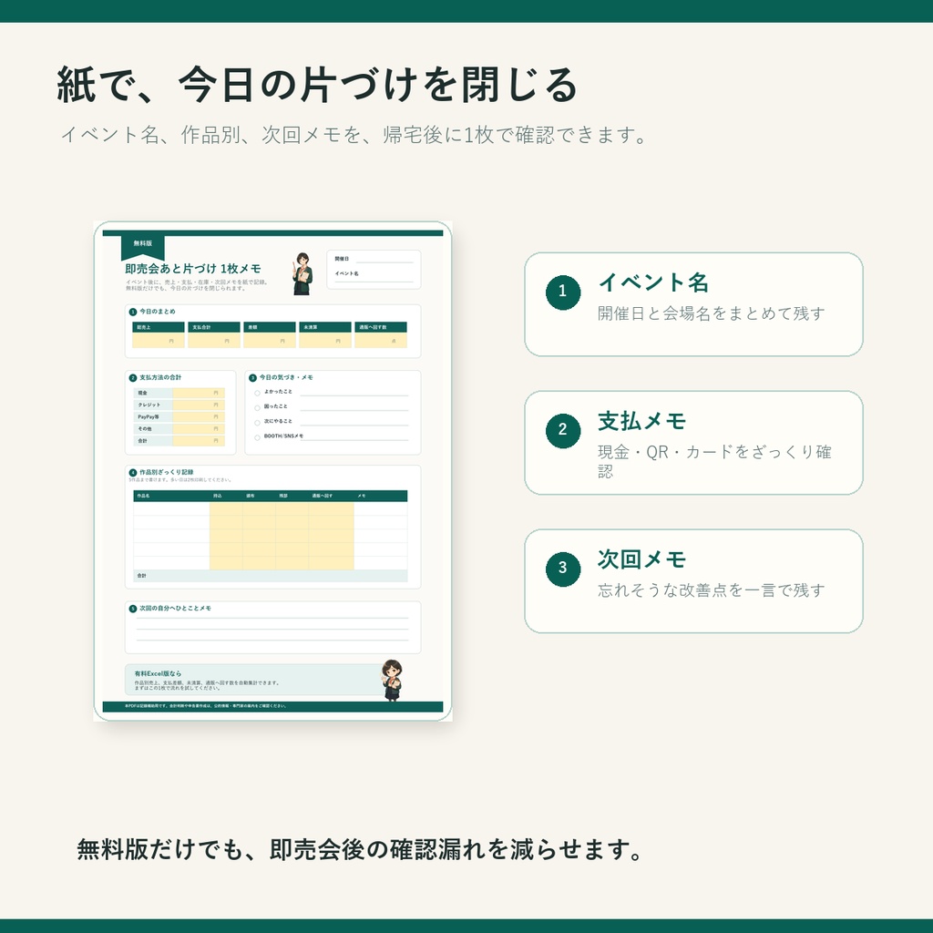 即売会あと片づけ1枚メモ 無料版|同人イベントの売上・在庫・BOOTH通販数PDF