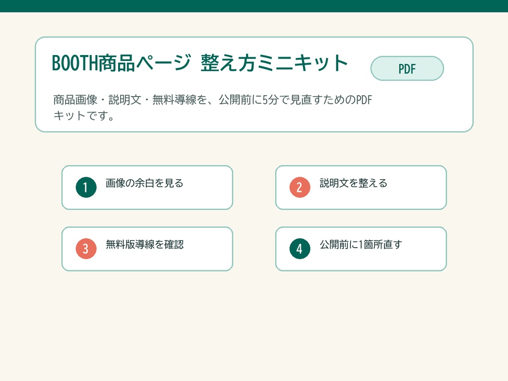 BOOTH商品ページ 整え方ミニキット｜商品画像・説明文・導線の5分チェック