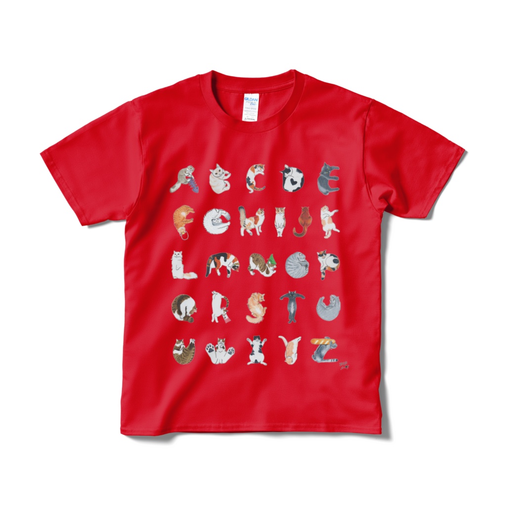 猫文字アルファベット ひとりでできるもん Tシャツ 赤