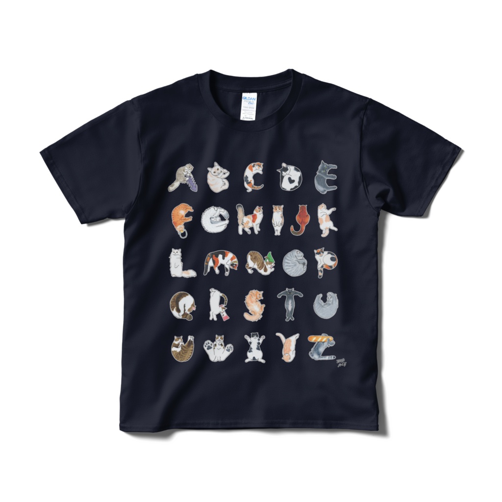 猫文字アルファベット ひとりでできるもん Tシャツ 紺