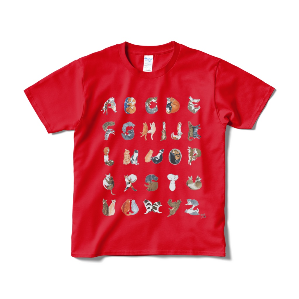 猫文字アルファベット 仲良くいっしょに Tシャツ 赤
