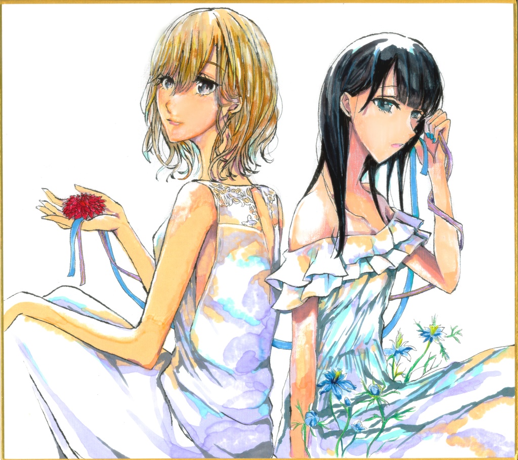 姉の親友、私の恋人 手描き色紙「Chrysanthemum & Nigella」