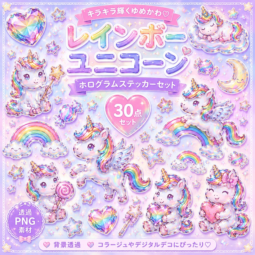 レインボーユニコーンのオーロラステッカー  30枚セット