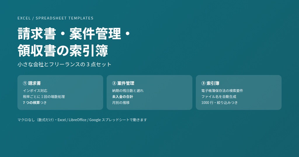 請求書・案件管理・領収書の索引簿|小さな会社とフリーランスの3点セット(インボイス/電帳法 対応・検算つき)