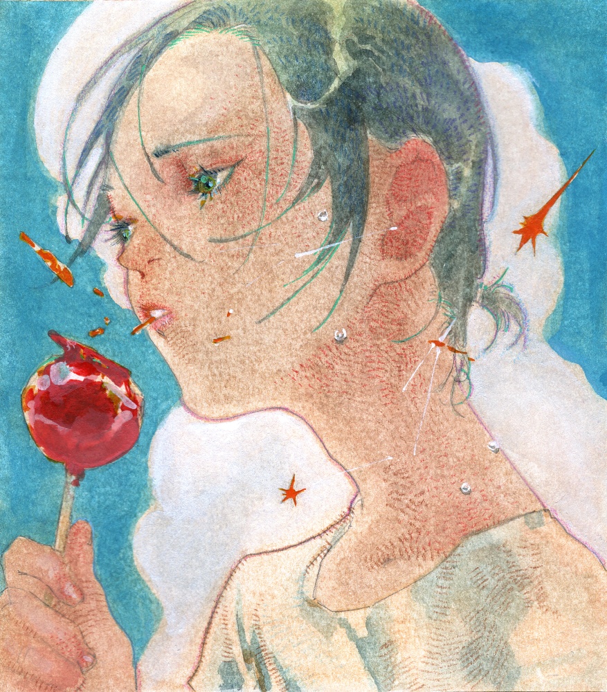 オリジナル原画ミニ色紙「欠ける夏」約12×13.5㎝