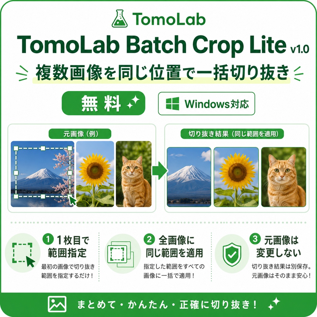 【無料/Windows】複数画像を同じ位置で一括切り抜き|一括トリミング|TomoLab Batch Crop Lite