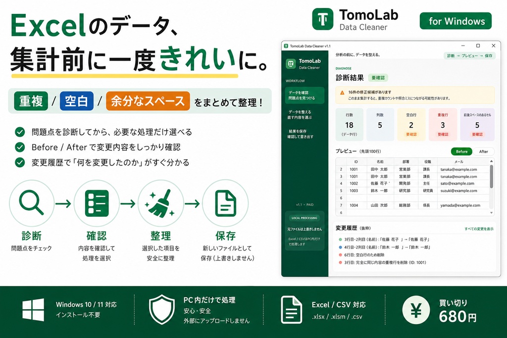 【Windows】Excel・CSVの重複・空白・余分なスペースをまとめて整理｜TomoLab Data Cleaner