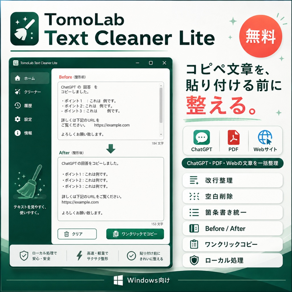 【無料・Windows】ChatGPT・PDF・Webのコピペ文章を一括整形|TomoLab Text Cleaner Lite