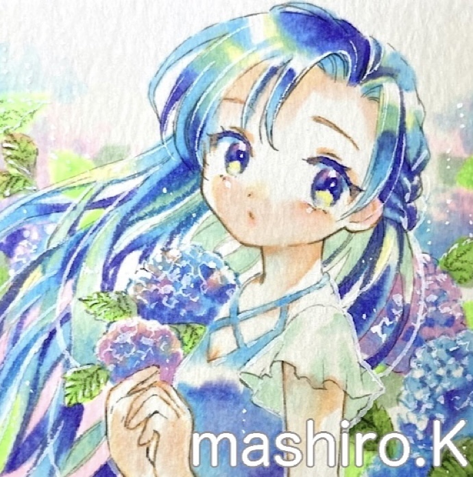 原画 ミニ原画 創作 手描き 女の子イラスト アナログ 紫陽花 Mashiroll Booth