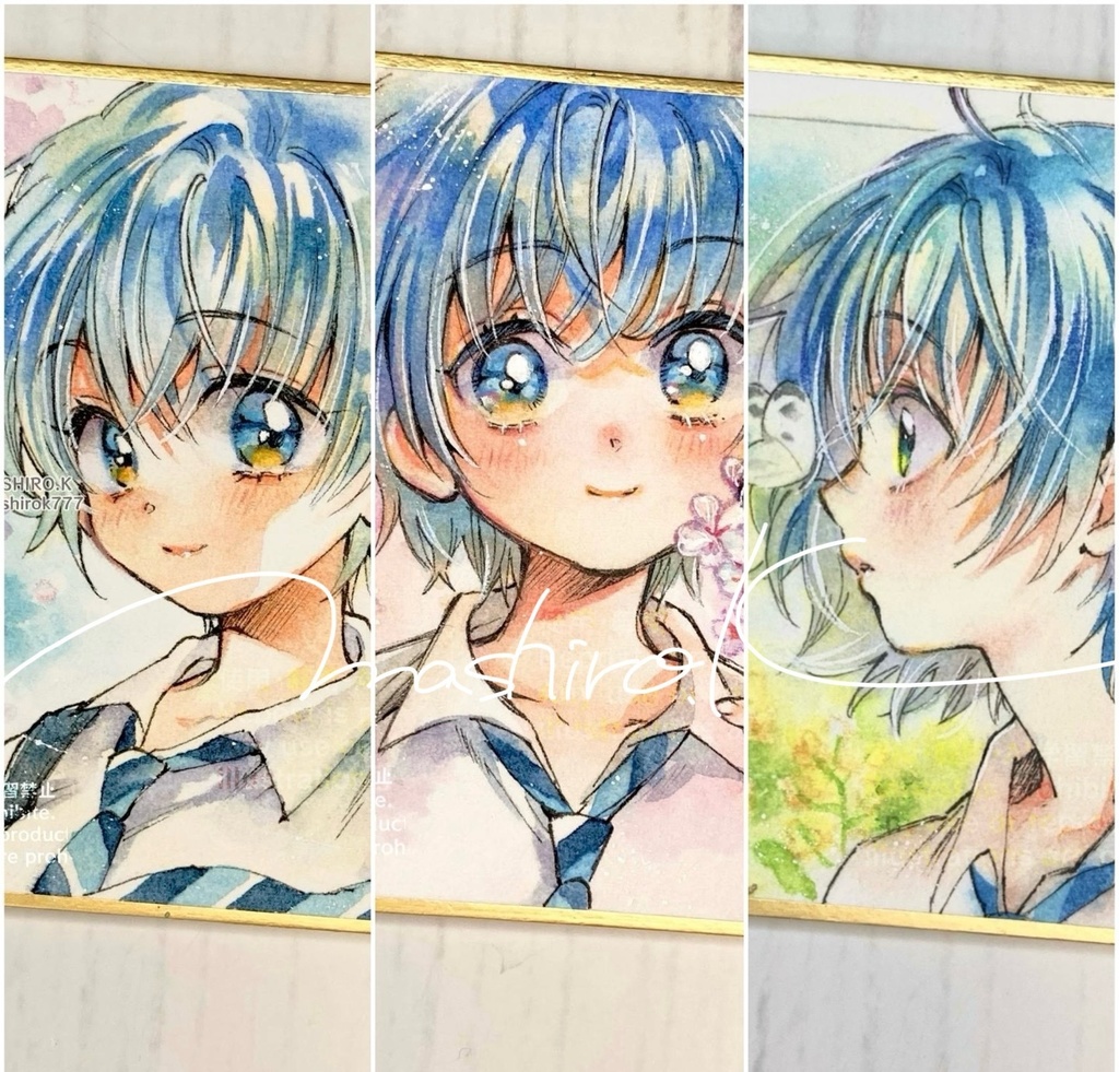 【原画/豆色紙】桜色の季節と青・菜の花〈藍〉  創作/手描き/アナログイラスト/透明水彩